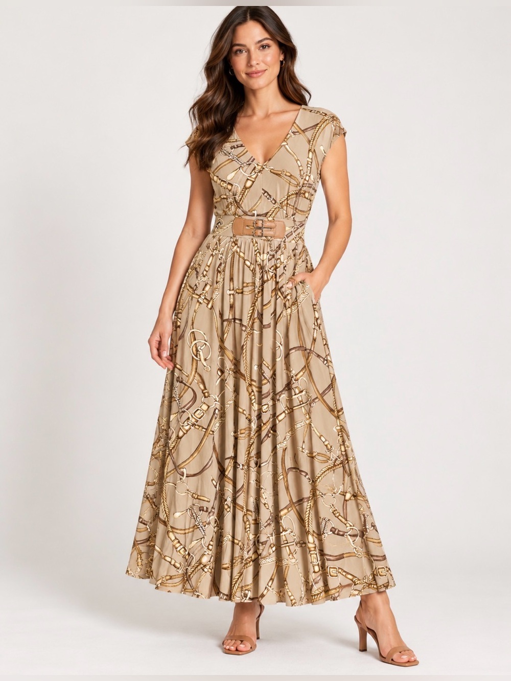 🤎✨ Lauren Ralph Lauren Equestrian Print Buckle Trim Maxi Dress Size 10